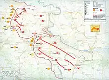 Map showing JNA military operations in eastern Slavonia, Syrmia and Baranja from September 1991 to January 1992, indicating movements from Serbia to cut off and reduce Vukovar and to capture territory south of Osijek.