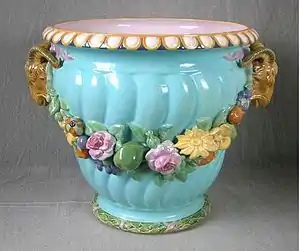 Minton Palissy ware/ majolica flower vase, coloured glazes, shape first shown at the 1851 Exhibition, Exhibit Number 60.