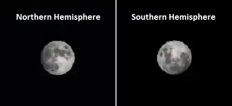 Moon's appearance for same longitude, but different hemispheres, 30 minutes after moonrise (generated model)