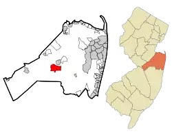 Map of West Freehold highlighted with in Monmouth County. Right: Location of Monmouth County in New Jersey.