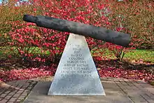 Metal shaft mounted on stone pyramid inscribed "The Dec 6 1917 Halifax Explosion hurled this 1140 lb anchor shaft 2.35 miles from the SS Mont Blanc to this park."