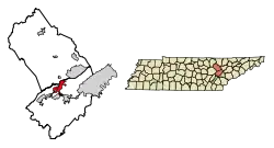 Location of Harriman in Roane County, Tennessee.