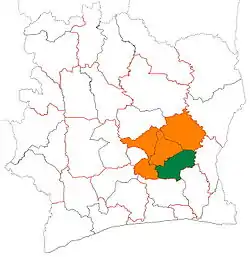 Location of Moronou Region (green) in Ivory Coast and in Lacs District