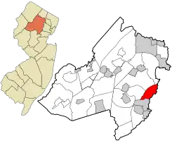 Location of Hanover Township in Morris County highlighted in red (right). Inset map: Location of Morris County in New Jersey highlighted in orange (left).