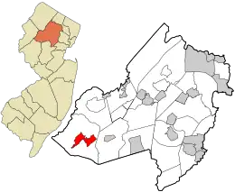 Location of Long Valley in Morris County highlighted in red (right). Inset map: Location of Morris County in New Jersey highlighted in orange (left).