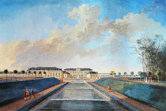 View of the south facade of the château from the middle of the cascade, showing the colonnaded portico topped with a balustraded terrace (painted c. 1770 by Nicolas Perignon)