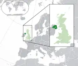 Location of Northern Ireland (dark green)– in Europe (green & dark grey)– in the United Kingdom (green)