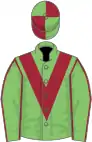 Light green, maroon chevron and seams on sleeves, quartered cap