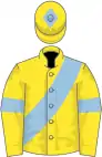 Yellow, light blue sash, armlets and diamond on cap