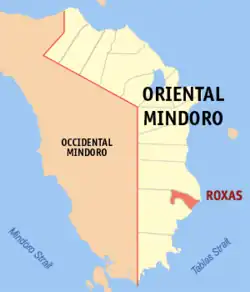 Map of Oriental Mindoro with Roxas highlighted