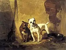 Painting of a bull-and-terrier and a white bulldog, c. 1887