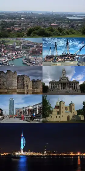 Clockwise from top: the city viewed from Portsdown Hill; HMS Victory; Portsmouth Guildhall; Portsmouth Cathedral; the Spinnaker Tower alongside Portsmouth Harbour; Gunwharf Quays; Portchester Castle; and Old Portsmouth