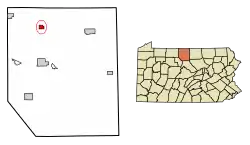 Location of Oswayo in Potter County, Pennsylvania.