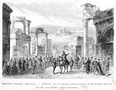 The Théâtre Lyrique was known for its elaborate sets and staging.  This engraving depicts the last scene of a production of the opera Rienzi by Richard Wagner in 1869.