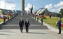 Vladimir Putin and Alexander Lukashenko at the Hero City Obelisk on Victors Avenue in Minsk.