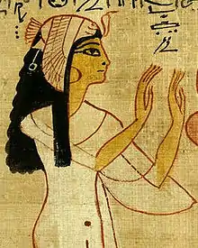 Nodjmet, wife of the High Priest of Amun Herihor, wearing a vulture crown. Book of the Dead of Nodjmet, Twenty-first Dynasty (c. 1064 BCE)