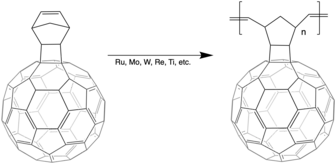 Ring Opening Methatesis Polymerization (ROMP) of C60 Buckminsterfullerene functionalized norbornene.