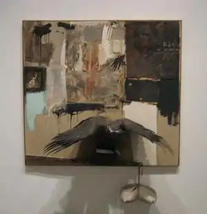 Robert Rauschenberg's Canyon combine 1959: oil, pencil, paper, fabric, metal, cardboard box, printed paper, printed reproductions, photograph, wood, paint tube, and mirror on canvas with oil on bald eagle, string, and pillow.
