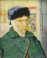 Self-portrait with Bandaged Ear, Easel and Japanese Print, January 1889Oil on canvas, 60 × 49&nbsp;cmCourtauld Institute Galleries, London (F527)