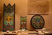 Shields from the Joseon Dynasty, two sizes of Pavise, and a Pengbae, the round shield.