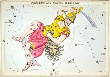 Perseus with Medusa's head, as depicted in Urania's Mirror, a set of constellation cards published in London c. 1825.