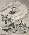 Ink drawing of a cartoon plane swooping to the left, leaving a big cloud of smoke that says "wise-cracks"