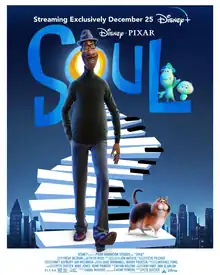The poster shows Joe Gardner in his human form walking down piano key-esque stairs with a cat and buildings of New York City as a backdrop. On the letter "L" in the film's logo, Joe's soul form is standing next to 22. On top, the film's release date, along with credits on the bottom.