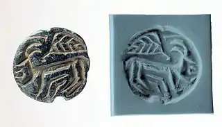 Stamp seal and modern impression: horned animal and bird; 6th–5th millennium