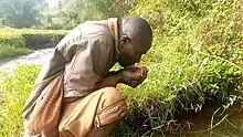Suleiman Nyaga quenches his thirst with the mineral, salty waters of Gogo springs in Mukuuri Location, Embu County.