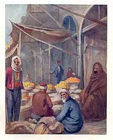 The Fruit Bazaar, Damascus, painting by Margaret Thomas and reproduced in John E. Kelman, From Damascus to Palmyra, 1908