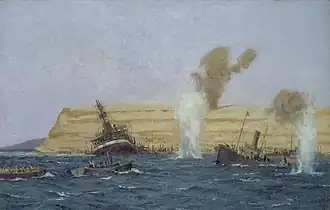 The Base Camp, Cape Helles, Under Shell Fire, August 1915- the SS River Clyde is seen aground.
