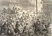 Illustration of a panicked scene outside of the hotel on the night of the Great Chicago Fire