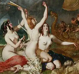 three naked women, with different hair colour but otherwise very similar appearance. Two hold musical instruments.