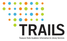 TRAILS logo, with different-sized blue, green and orange dots