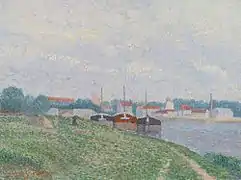 Trois Péniches Amarées aux Abords d'une Ville Industrielle, c.&nbsp;1886