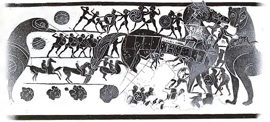 Depiction of the Trojan Horse on a Corinthian aryballos (c. 560 BC) found in Cerveteri (Italy)