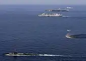 Miami steams through the Arabian Sea accompanied by the USS&nbsp;Enterprise&nbsp;(CVN-65), USNS&nbsp;Supply&nbsp;(T-AOE-6), and USS&nbsp;Gettysburg&nbsp;(CG-64). (11 November 2007)