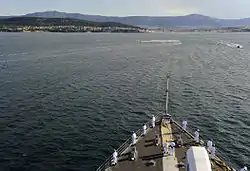 View of coast and port from an approaching ship