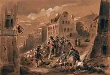 Brown ink drawing by Alexandre Dupendant showing in the foreground a group of ten women, one of whom is seated, holding a barricade in the Rochefouart district. They are armed and standing behind a high barricade. Six are standing behind the barricade and looking down, one is holding a large bag or stone and is about to throw it or put it in place. Buildings can be seen in the background. The drawing is kept in the Musée d'Art et d'Histoire de Saint-Denis