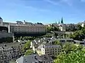 View of the National Archives of Luxembourg (centre left) and Grund (bottom)