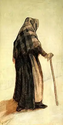 Sketch of an old woman with a shawl carrying a cane seen from behind
