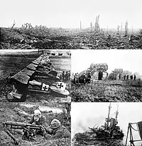(Clockwise from the top) 
 The aftermath of shelling during the Battle of the Somme
 Mark V tanks cross the Hindenburg Line
 HMS&nbsp;Irresistible sinks after hitting a mine in the Dardanelles
 A British Vickers machine gun crew wears gas masks during the Battle of the Somme
 Albatros D.III fighters of Jagdstaffel 11
