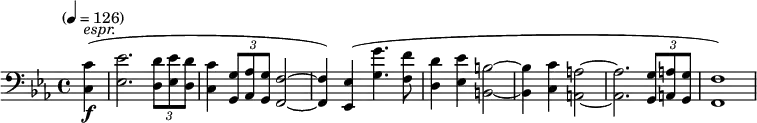 \new Staff \relative c {
\clef bass \time 4/4 \key c \minor \tempo "" 4=126 \partial 4 \set Staff.midiInstrument = #"trombone"
<c c'>4-\f^\markup{\italic "espr."} (<ees ees'>2. \times 2/3 {<d d'>8 <ees ees'> <d d'>} <c c'>4 \times 2/3 {<g g'>8 <aes aes'> <g g'>} <f f'>2~q4) <ees ees'>4 (<g' g'>4. <f f'>8 <d d'>4 <ees ees'> <b b'>2~q4 <c c'>4 <a a'>2~q2.
\times 2/3 { <g g'>8 <a a'> <g g'> } <f f'>1 )
}