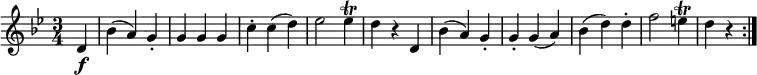{ \tempo 4 = 120 \set Score.tempoHideNote=##t \set Staff.midiInstrument = "violin" \relative d' { \key g \minor \time 3/4
\partial 4 d4 \f | bes'4( a) g-. | g4 g g | c4-. c( d) | es2 es4 \trill | d4 r d, |
bes'4( a) g-. | g4-. g( a) | bes4( d) d-. | f2 e4 \trill | d4 r \bar ":|." }}