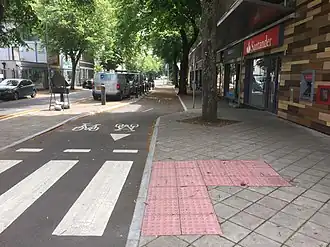 A two-way segregated cycle track outside a Santander bank branch in Cardiff