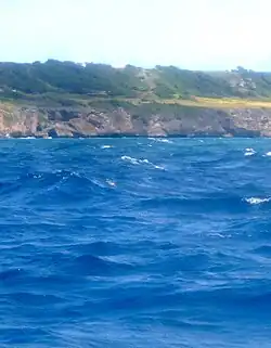 Two of the guns and the red flag can be discerned in this grainy long shot from the Fathom. Note the right angled triangle in the cliff below and to the left as a marker.