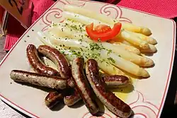 Typical Franconian, asparagus with Bratwursts